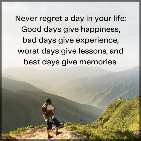 Quote: Never regret a day in your life: Good days give happiness, bad ...