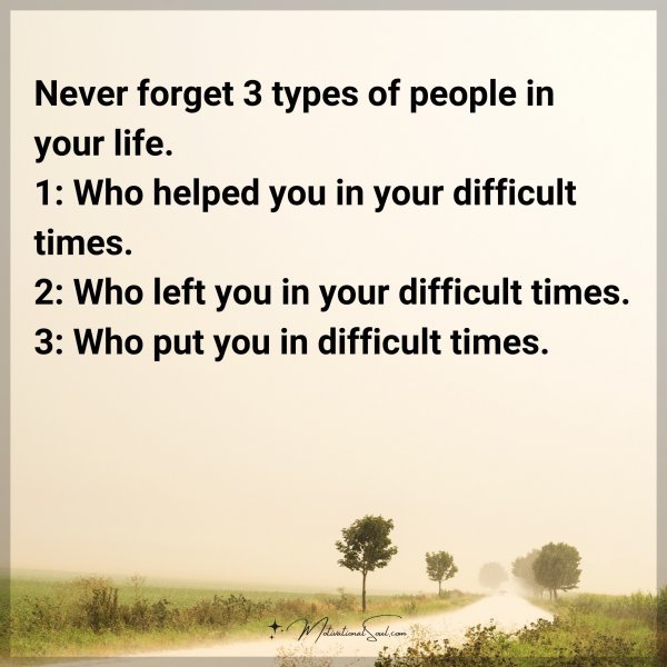 Never forget 3 types of people in your life. 1: Who helped you in your difficult times. 2: Who left you in your difficult times. 3: Who put you in difficult times. Type 'Yes' if you agree.